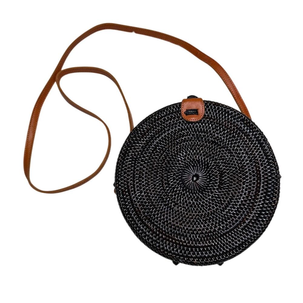 Faithfull The Brand Black Jana Woven Wicker Circle Bag Picnic Bohemian Cottage